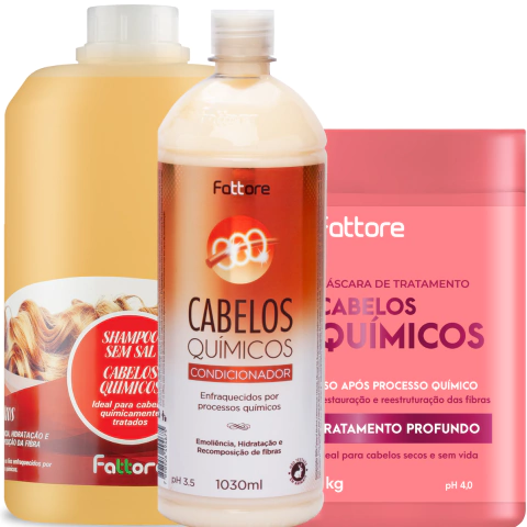 Kit Cabelos Químicos Completo Fattore (3un) Máscara de Tratamento (1000g) + Shampoo (2000ml) + Condicionador (1030ml) - comprar online