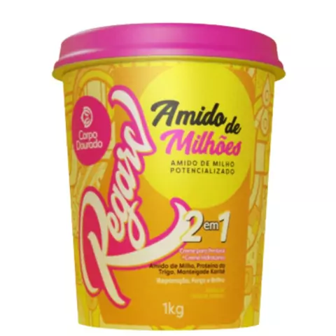 Máscara de Hidratação e Creme de Pentear Corpo Dourado Regarv 2 em 1 1kg Amido de Milhões para Todos os Tipos de Cabelos