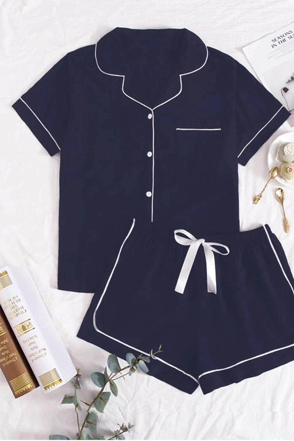 Pijama camisero AZUL corto con vivo blanco