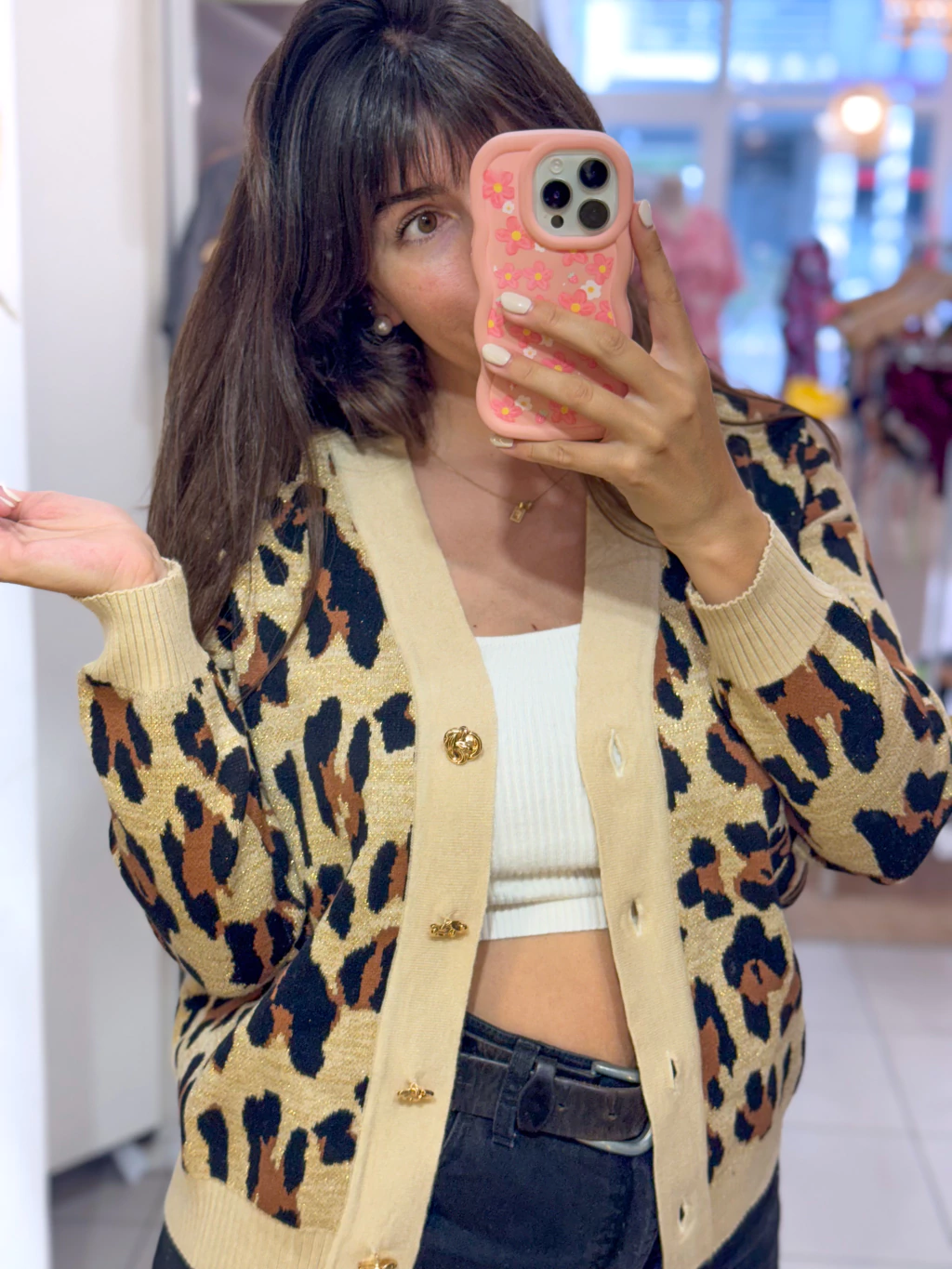Cardigan PRINT beige y lurex - hilado manhattan