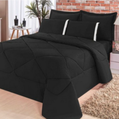 Kit Edredom + Lençol Aconchego Dupla Face Casal Padrão 6 Peças - Preto