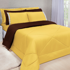 Kit Edredom Dupla Face Ternura Casal Queen 6 Peças - Amarelo e Tabaco