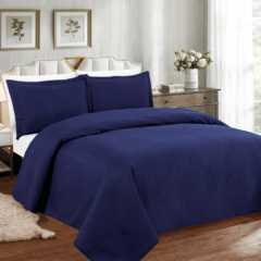 Colcha Casal Padrão Matelado Liso 03 Peças 150 Fios - Azul Escuro