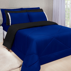 Kit Edredom Dupla Face Ternura Casal Queen 6 Peças - Azul e Preto