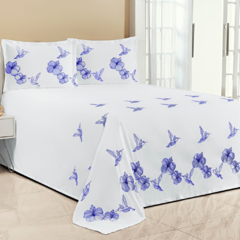 KIT COBRE LEITO CASAL PADRÃO BEIJA FLOR 03 PEÇAS BORDADO - BRANCO COM AZUL