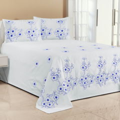 KIT COBRE LEITO FLORÊNCIA SOLTEIRO 02 PEÇAS BORDADO - BRANCO COM AZUL