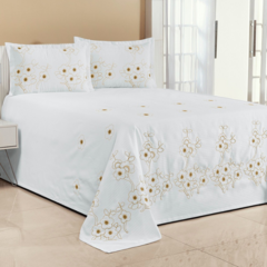 KIT COBRE LEITO FLORÊNCIA CASAL PADRÃO 03 PEÇAS BORDADO - BRANCO COM BEGE