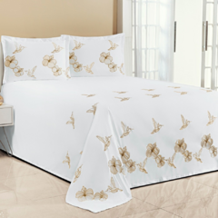 KIT COBRE LEITO CASAL QUEEEN BEIJA FLOR 03 PEÇAS BORDADO - BRANCO COM BEGE