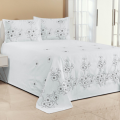 KIT COBRE LEITO FLORÊNCIA CASAL QUEEN 03 PEÇAS BORDADO - BRANCO COM CINZA