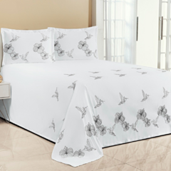 KIT COBRE LEITO CASAL PADRÃO BEIJA FLOR 03 PEÇAS BORDADO - BRANCO COM CINZA