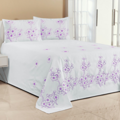 KIT COBRE LEITO FLORÊNCIA CASAL PADRÃO 03 PEÇAS BORDADO - BRANCO COM LILÁS