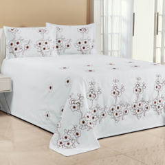 KIT COBRE LEITO FLORÊNCIA SUPER KING 03 PEÇAS BORDADO - BRANCO COM MARROM