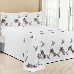KIT COBRE LEITO CASAL PADRÃO BEIJA FLOR 03 PEÇAS BORDADO - BRANCO COM MARROM