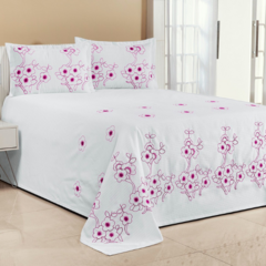 KIT COBRE LEITO FLORÊNCIA CASAL PADRÃO 03 PEÇAS BORDADO - BRANCO COM PINK