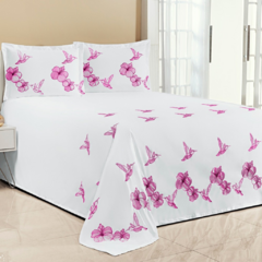 KIT COBRE LEITO CASAL PADRÃO BEIJA FLOR 03 PEÇAS BORDADO - BRANCO COM PINK