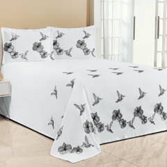 KIT COBRE LEITO CASAL QUEEEN BEIJA FLOR 03 PEÇAS BORDADO - BRANCO COM PRETO