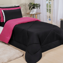 Kit Edredom Dupla Face Ternura Solteiro 4 Peças - Preto e Pink - comprar online
