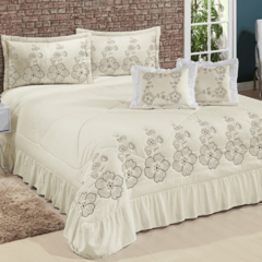 Kit Cobre Leito Casal Super King Amore 07 Peças Bordadas Palha