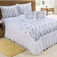Kit Cobre Leito Casal Queen Desejos 07 Peças Bordado - Branco com Preto