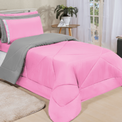 Kit Edredom Dupla Face Ternura Solteiro 4 Peças - Rosa e Cinza - comprar online
