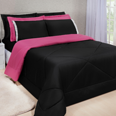 Kit Edredom Dupla Face Ternura Casal King 6 Peças - Preto e Pink
