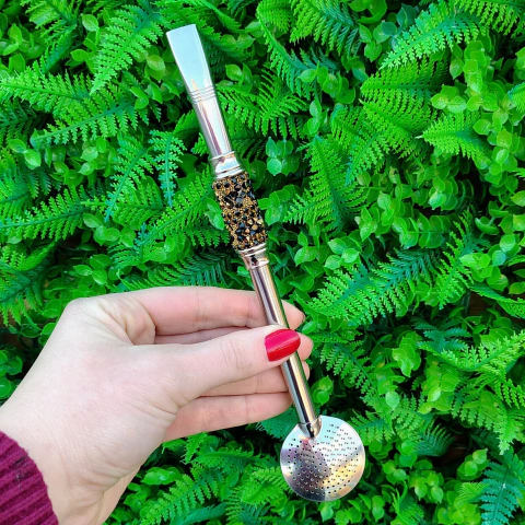 Bomba de Chimarrão Inox 22cm " STRASS PRETO/DOURADO" - comprar online