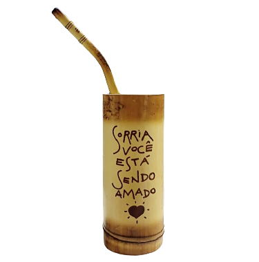 Cuia Tererê de Bambu + Bomba com Gravação " Sorria você está sendo amado "