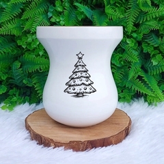 Cuia de Madeira Imbuia Bago Gravação " Pinheiro Natal " Branco n22