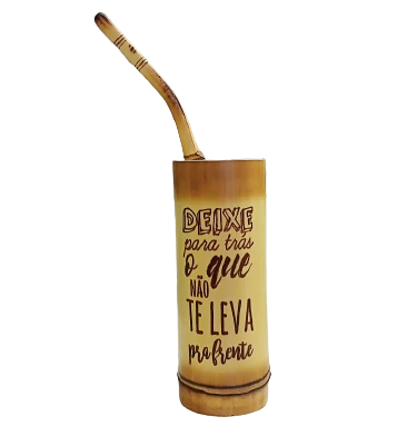 Cuia Tererê de Bambu + Bomba com Gravação " Deixe para trás o que não te leva pra frente "