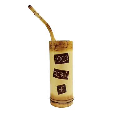 Cuia Tererê de Bambu + Bomba com Gravação " Foco força fé "