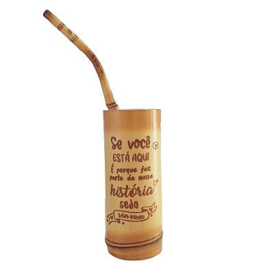Cuia Tererê de Bambu + Bomba com Gravação " Se você está aqui é porque faz parte da nossa história seja bem vindo "