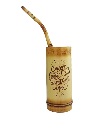 Cuia Tererê de Bambu + Bomba com Gravação " Coisas boas acontecem aqui "