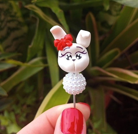 Kit 3 Enfeites de Chimarrão Cabeça Coelha Branco Pérola