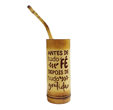 Cuia Tererê de Bambu + Bomba com Gravação " Antes de tudo fé depois de tudo gratidão "