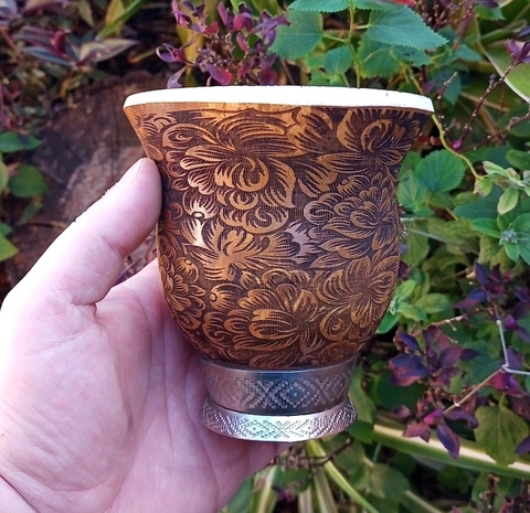 Cuia Porongo Gravação 360° Pé de Ferro " Arabesco Flor " 22