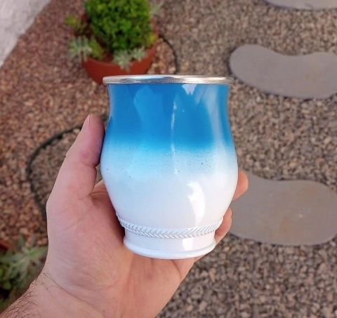 Cuia de Alumínio para Tererê Degradê " Azul / Branco "