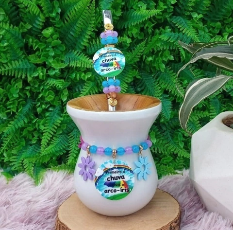 Kit Chimarrão 3 Peças Cuia + Bomba 40 + Pulseira 106 " Primeiro a chuva depois o arco-íris "