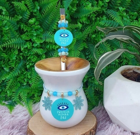 Kit Chimarrão 3 Peças Cuia + Bomba 27 + Pulseira 95 " Olho grego proteja minha paz "