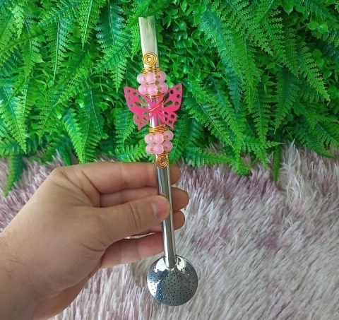 Bomba em Inox Decorada " Borboleta Rosa Neon " n54