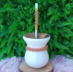 Kit Chimarrão 3 Peças Cuia + Bomba 72 + Pulseira 126 " Pérola Rosê "
