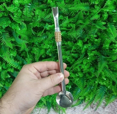 Bomba de Chimarrão Inox 22cm " STRASS DOURADO "