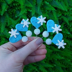 Kit 5 Enfeites " Coração com Neve na Pérola " Azul Bebe