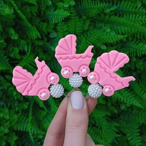 Kit 3 Enfeites de Cuia Carrinho Bebê Rosa