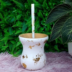 Kit Chimarrão 2 Peças Cuia + Bomba " Folha de Ouro " Branco
