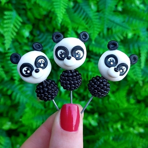 Kit 3 Enfeites de Cuia Panda Pérola Preta