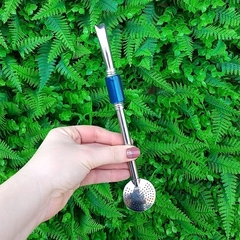 Bomba de Chimarrão Inox " Azul " Tubo 22cm