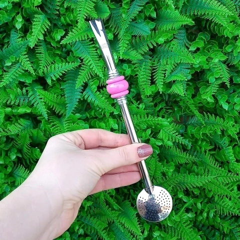 Bomba de Chimarrão Inox " Rosa Bebe " 3 Elos 22cm