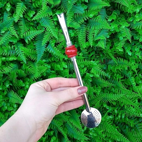 Bomba de Chimarrão Inox " Vermelha " 3 Elos 22cm