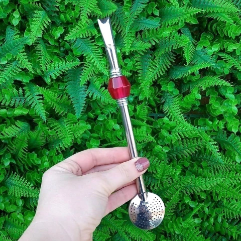 Bomba de Chimarrão Inox " Vermelha " sextavada 22cm