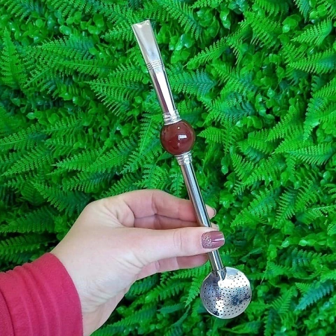 Bomba de Chimarrão Inox " Marrom " Redonda 22cm